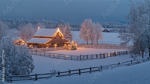 Serene Winter Landscape Featuring a Cozy Log Cabin Adorned with Twinkling Lights Surrounded by Snow-Covered Trees and Fenced Pastures at Dusk photo