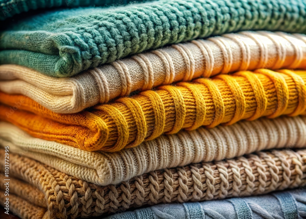 Soft Modern Sweaters Stacked Elegantly on a Colorful Background, Showcasing Textures and Styles for Cozy Seasonal Fashion Inspiration Soft Modern Sweaters Stacked Elegantly on a Colorful Background, Showcasing Textures and Styles for Cozy Seasonal Fashion Inspiration