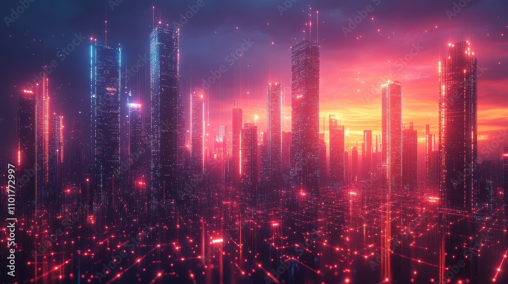 Smart city g connectivity diagram with neon lights and skyscrapers Smart city g connectivity diagram with neon lights and skyscrapers