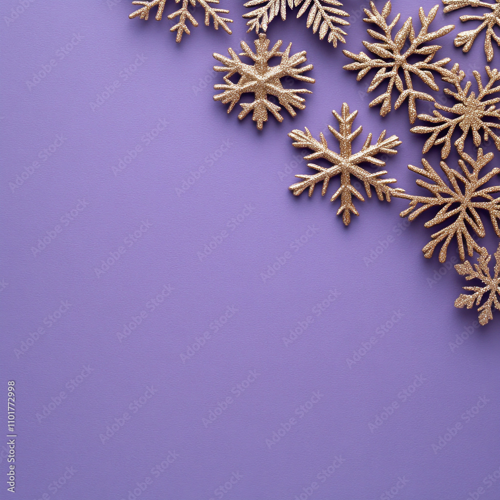 Merry Christmas, Happy New Year. Purple violet background golden white Christmas snowflakes close up