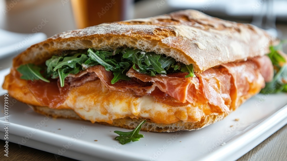 Italian ciabatta sandwich filled with prosciutto, cheese, and arugula. Italian ciabatta sandwich filled with prosciutto, cheese, and arugula.