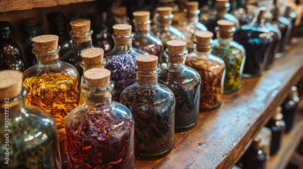 Glass jars filled with dried herbs and spices on wooden shelves