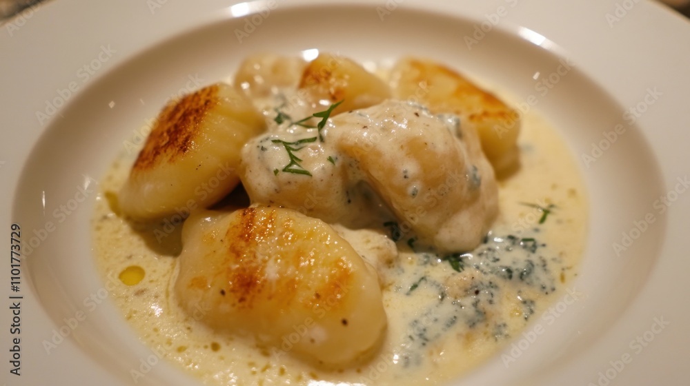 Italian gnocchi served with a creamy gorgonzola sauce. Italian gnocchi served with a creamy gorgonzola sauce.