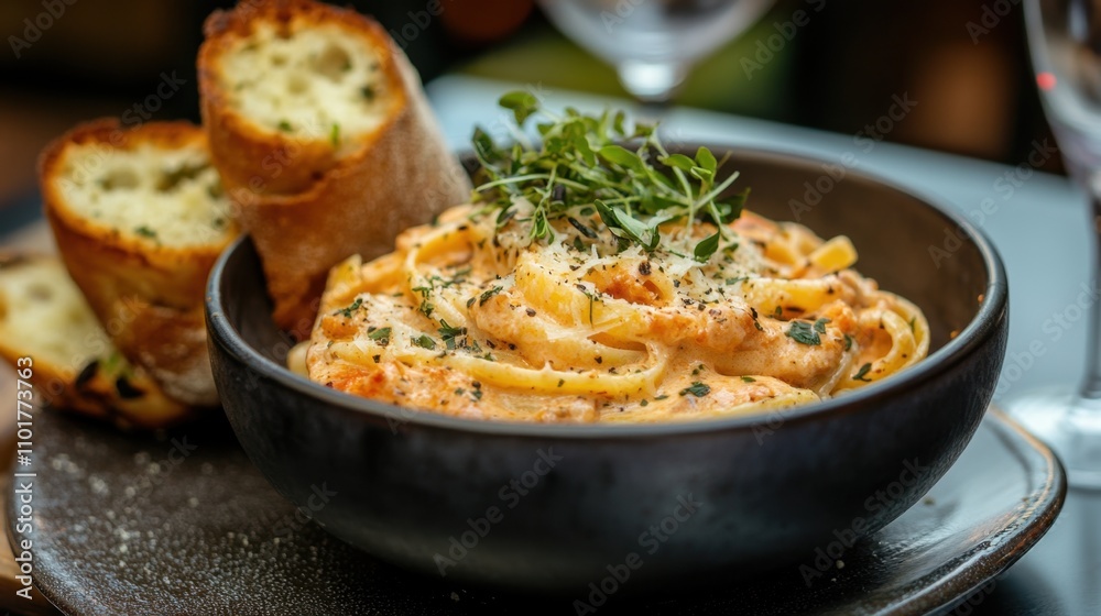 Italian pasta with creamy Alfredo sauce served with garlic bread and herbs. Italian pasta with creamy Alfredo sauce served with garlic bread and herbs.