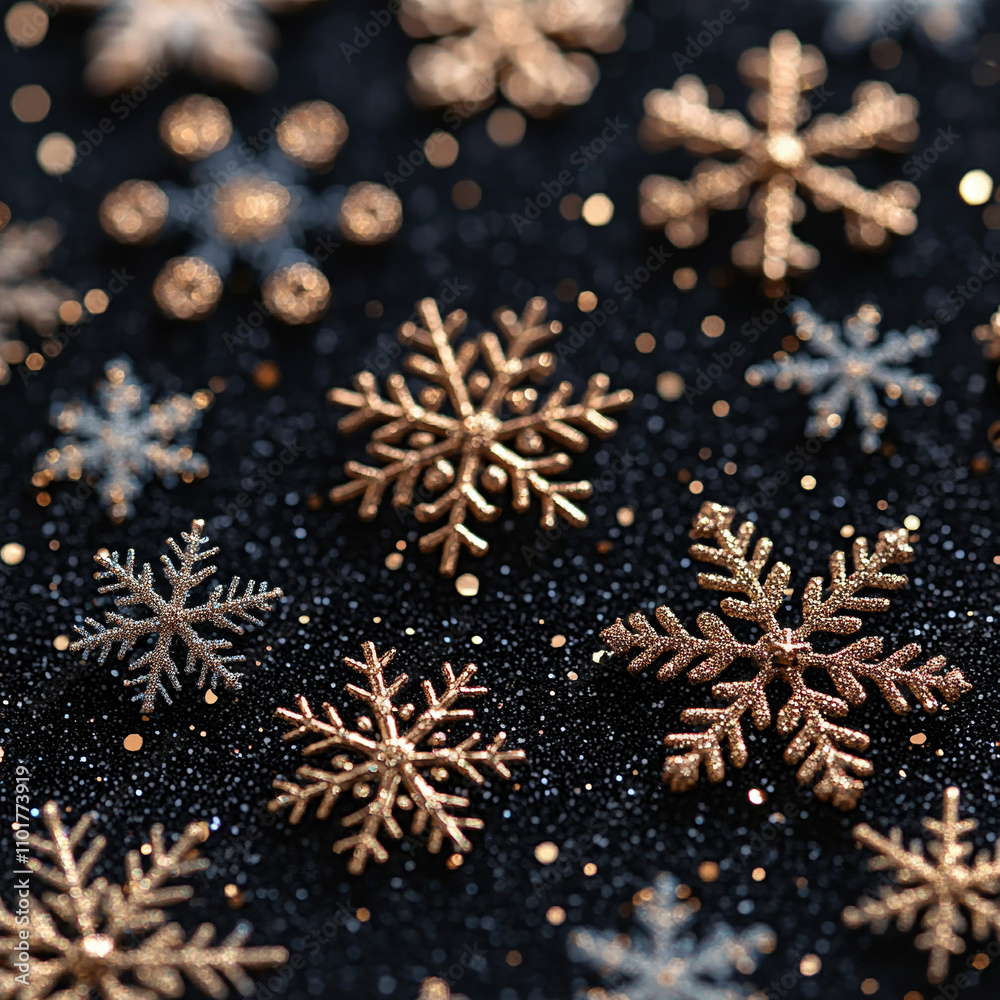 Holiday Merry Christmas, Happy New Year. Dark black background golden Christmas snowflakes close up Holiday Merry Christmas, Happy New Year. Dark black background golden Christmas snowflakes close up