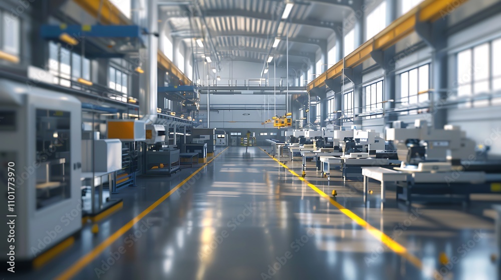 A spacious industrial facility with machinery and workstations, designed for manufacturing and production activities. A spacious industrial facility with machinery and workstations, designed for manufacturing and production activities.