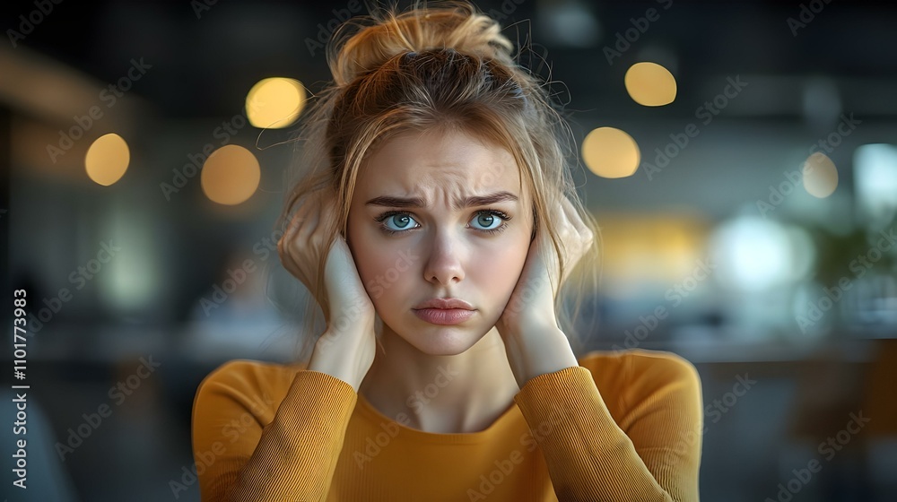 Anxious Businesswoman Negotiating Deal in Realistic Office Setting - High Stakes Pressure with Copy Space Anxious Businesswoman Negotiating Deal in Realistic Office Setting - High Stakes Pressure with Copy Space