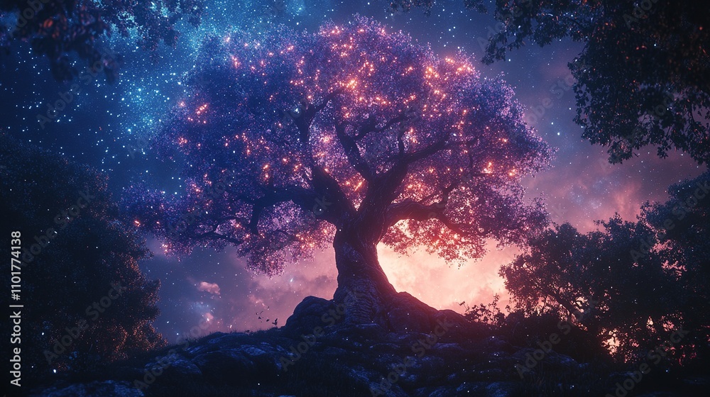 Majestic Tree Embodying Duality of Time Under Cosmic Sky Majestic Tree Embodying Duality of Time Under Cosmic Sky