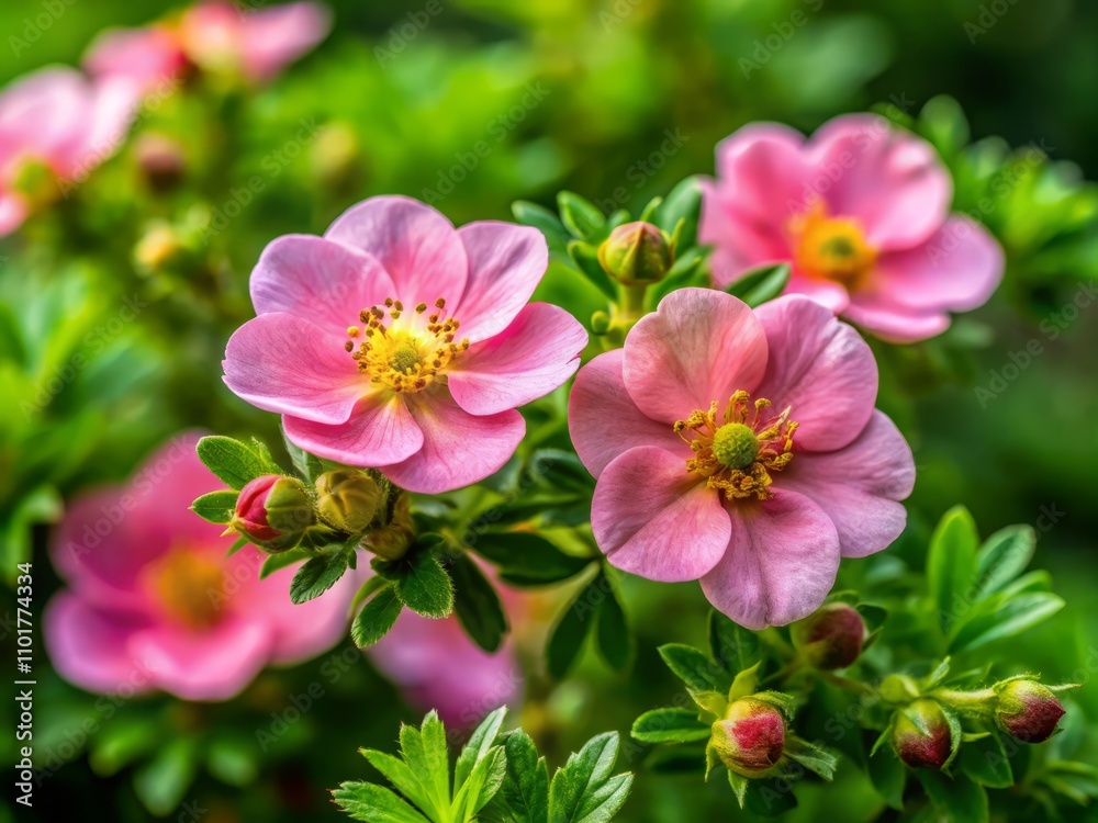 Stunning Close-up of Pink Lapchatka Flowers (Potentilla) on a Lush Green Bush Captured Using Rule of Thirds, Perfect for Nature and Gardening Themes in Stock Photography Stunning Close-up of Pink Lapchatka Flowers (Potentilla) on a Lush Green Bush Captured Using Rule of Thirds, Perfect for Nature and Gardening Themes in Stock Photography