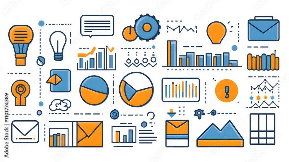Minimalist business infographic icons featuring flat design vector elements with pie charts, bar graphs, and analytics symbols in orange and blue, using clean geometric shapes and line art style. Minimalist business infographic icons featuring flat design vector elements with pie charts, bar graphs, and analytics symbols in orange and blue, using clean geometric shapes and line art style.
