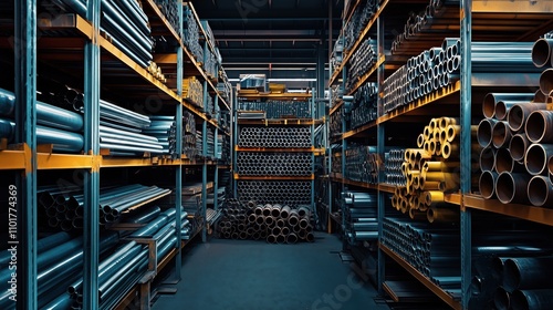 Industrial warehouse storage with metal pipes and tubes arranged neatly on shelves, showcasing an organized and efficient inventory system