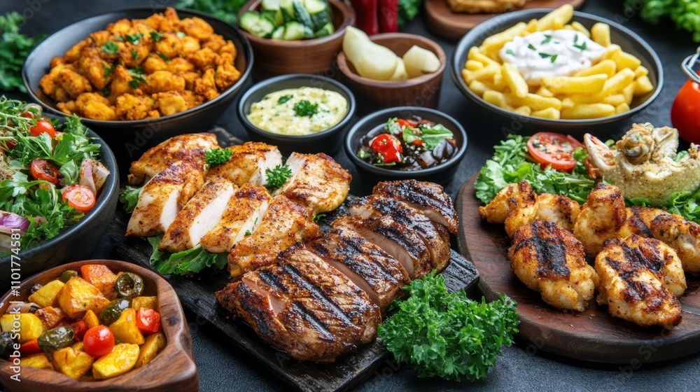Collection of Grilled Chicken, Beef Steak, and Various English Food Dishes Served Beautifully. Generative AI Collection of Grilled Chicken, Beef Steak, and Various English Food Dishes Served Beautifully. Generative AI
