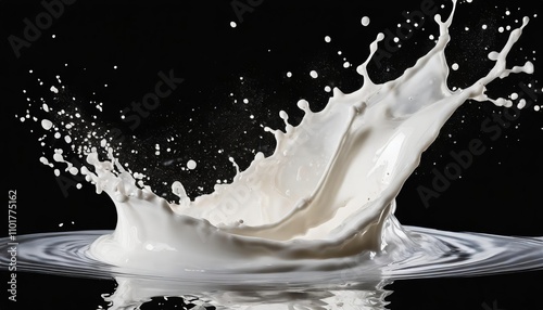 Dynamic white milk wave splash with realistic splatters and droplets on a transparent background. Ideal for food packaging, advertising, beverage design, or creative artistic projects. photo