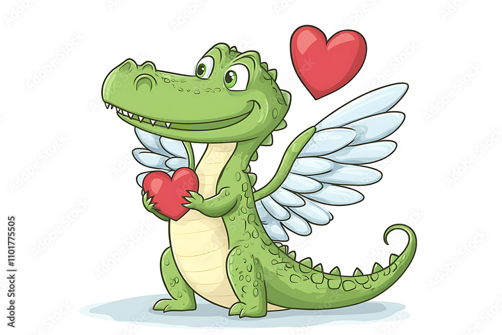 Fototapeta premium A cheerful dragon with wings holds a heart, symbolizing love and affection.