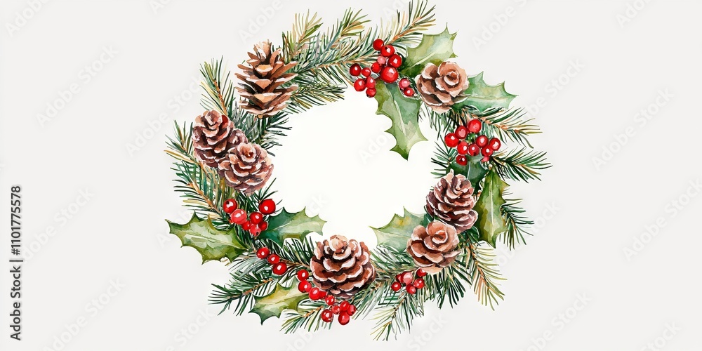 Cozy Christmas and mistletoe for relaxation concept. Festive wreath adorned with pine cones and red berries. Cozy Christmas and mistletoe for relaxation concept. Festive wreath adorned with pine cones and red berries.