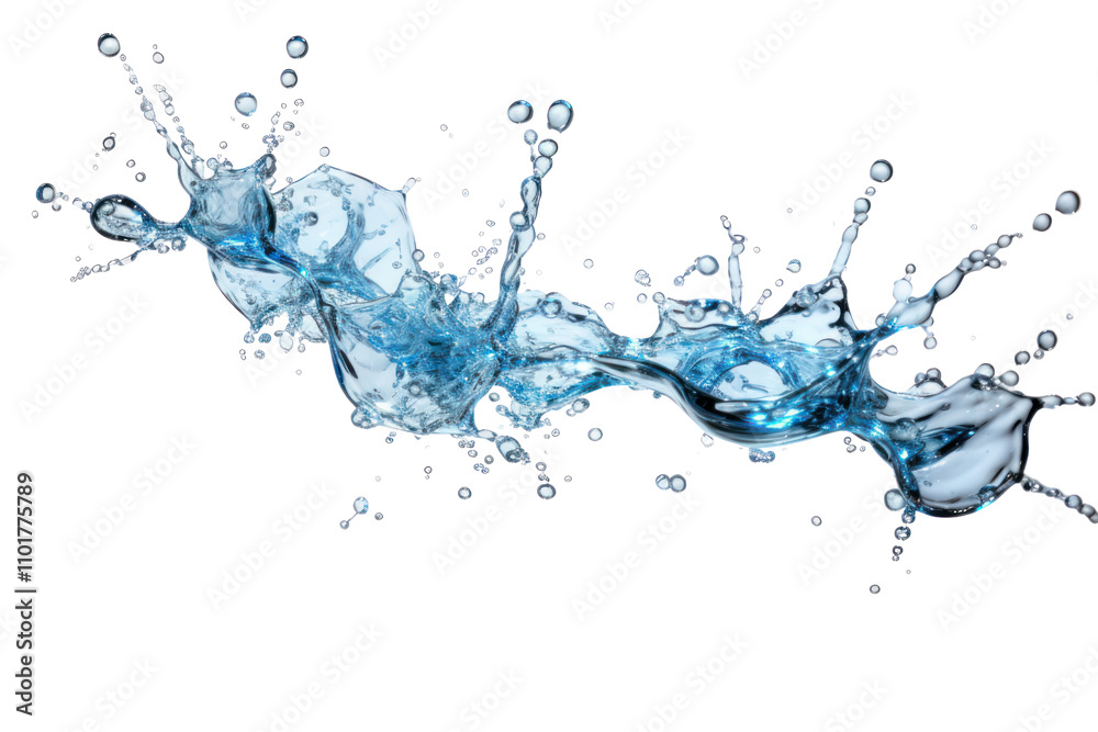 A burst of water droplets in mid-air, frozen in time as they scatter outward from a central point, isolated on white background A burst of water droplets in mid-air, frozen in time as they scatter outward from a central point, isolated on white background