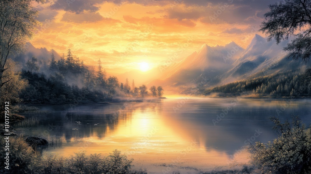 Majestic sunrise illuminating a serene lake, framed by distant mountains and soft morning mist. Majestic sunrise illuminating a serene lake, framed by distant mountains and soft morning mist.