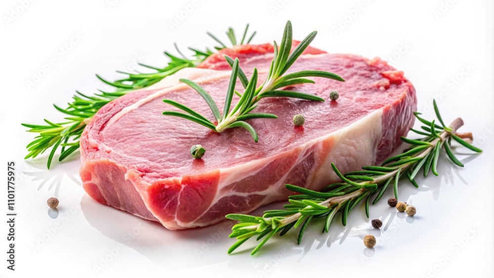 Surreal Culinary Delight: Raw Pork Chop with Rosemary on White Background for Cooking and Culinary Inspiration Surreal Culinary Delight: Raw Pork Chop with Rosemary on White Background for Cooking and Culinary Inspiration