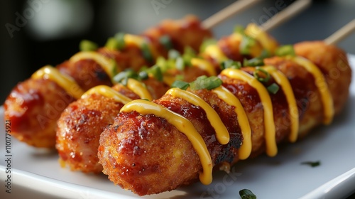 crispy Korean-style corn dogs coated with golden panko crumbs, drizzled with ketchup and mustard photo