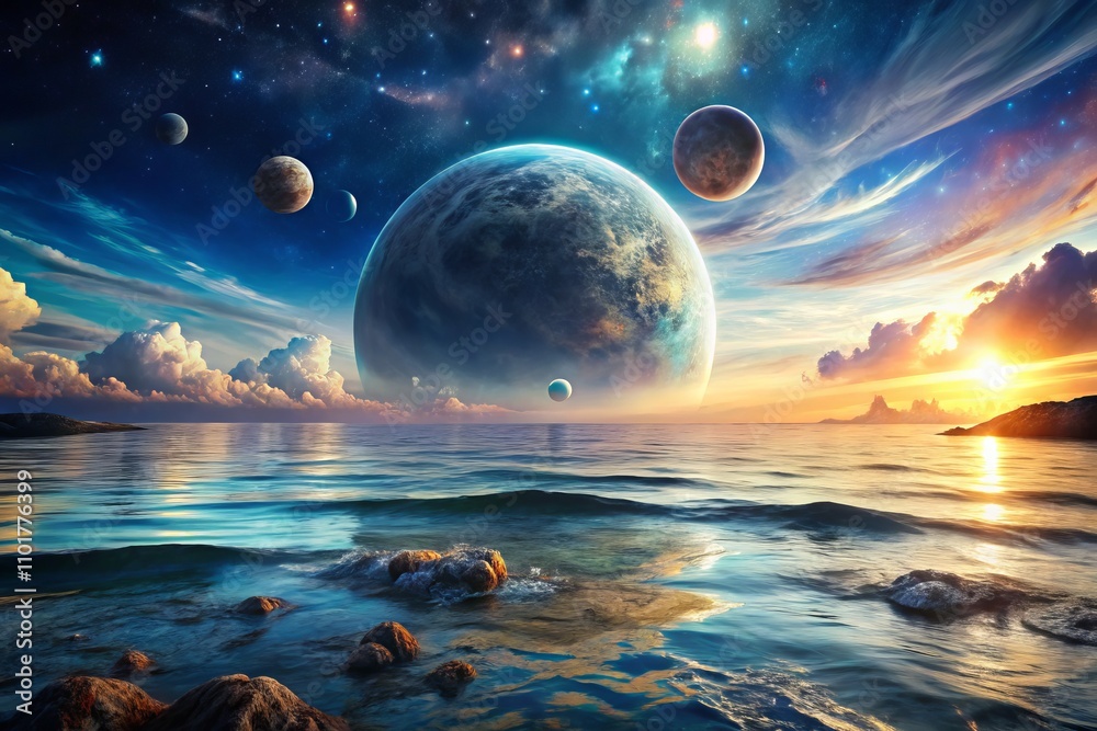 Stunning Portrait of an Alien World Viewed from the Ocean, Featuring Multiple Moons, a Futuristic Sci-Fi Landscape, and the Evolution of Humanity into a Post-Humanist Era Stunning Portrait of an Alien World Viewed from the Ocean, Featuring Multiple Moons, a Futuristic Sci-Fi Landscape, and the Evolution of Humanity into a Post-Humanist Era