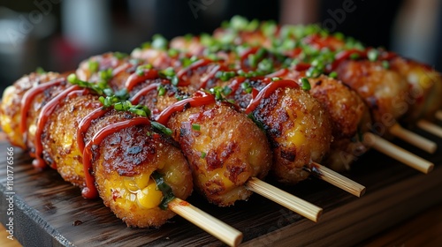 crispy Korean-style corn dogs coated with golden panko crumbs, drizzled with ketchup and mustard photo