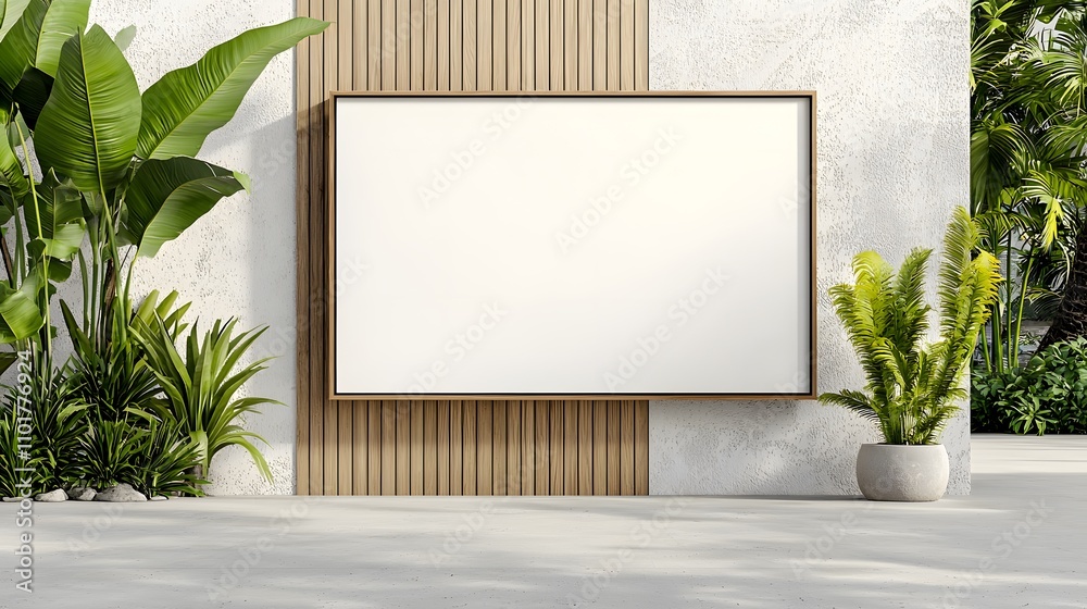 A blank billboard positioned on a city sidewalk, framed by urban foliage and illuminated by bright daylight A blank billboard positioned on a city sidewalk, framed by urban foliage and illuminated by bright daylight