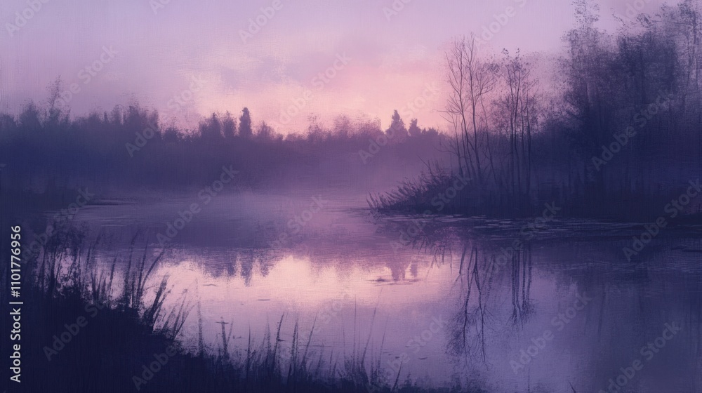 Moody wetland scene with still waters reflecting trees and a pastel-colored sky at dusk. Moody wetland scene with still waters reflecting trees and a pastel-colored sky at dusk.