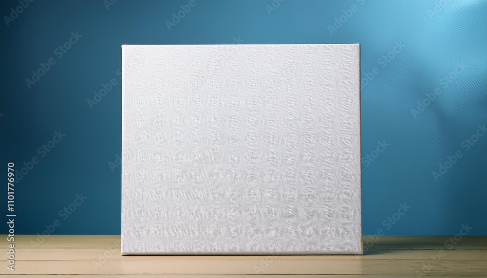 White square canvas mock-up standing against soft blue background. Blank poster. Natural lighting. White square canvas mock-up standing against soft blue background. Blank poster. Natural lighting.