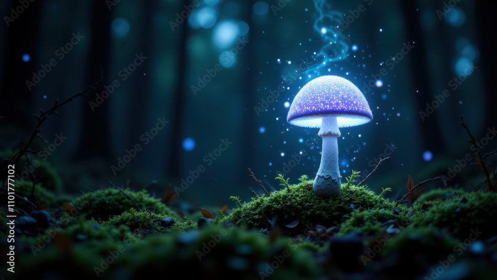 Fototapeta premium A psychedelic mushrooms scene with magical floating sparkles.