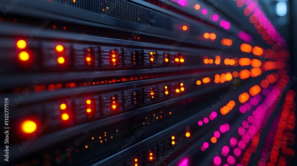 Macro Close Up Server Rack Blinking Lights Dynamic Network Intelligence Copy Space Macro Close Up Server Rack Blinking Lights Dynamic Network Intelligence Copy Space