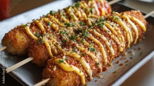 crispy Korean-style corn dogs coated with golden panko crumbs, drizzled with ketchup and mustard photo