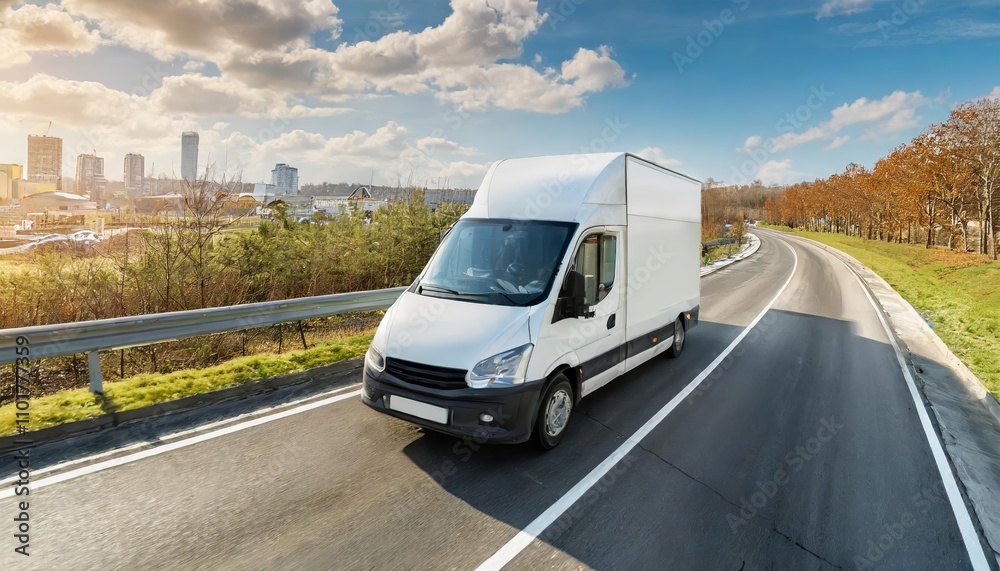 Efficient white modern delivery cargo courier van speeding along a busy motorway towards an urban destination, symbolizing fast, reliable small shipment logistics and urban transport Efficient white modern delivery cargo courier van speeding along a busy motorway towards an urban destination, symbolizing fast, reliable small shipment logistics and urban transport