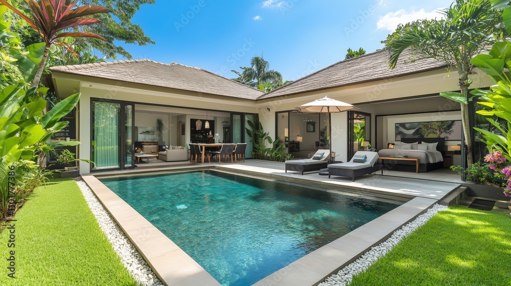 Fototapeta premium Experience a tropical villa with modern design, a sparkling pool, and serene garden views.