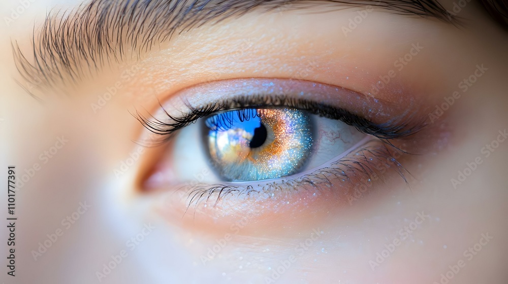 Fototapeta premium Close-Up Person Eye Light Reflection Insight Epiphany Concept Photo Stock for Ads and Magazines
