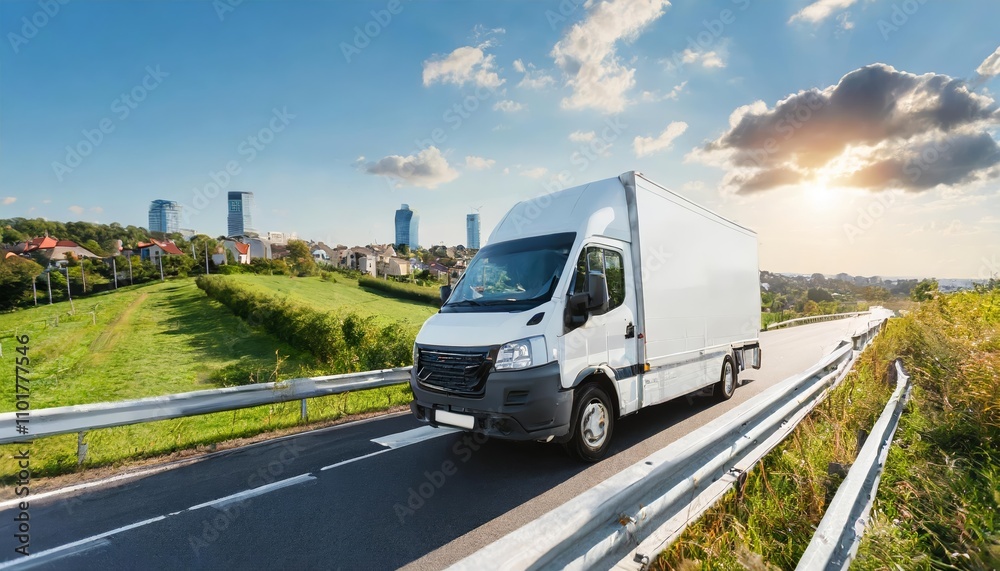 High-speed white modern courier van delivering small shipment cargo swiftly on a busy motorway towards the city, showcasing efficient transportation services in urban logistics systems. High-speed white modern courier van delivering small shipment cargo swiftly on a busy motorway towards the city, showcasing efficient transportation services in urban logistics systems.