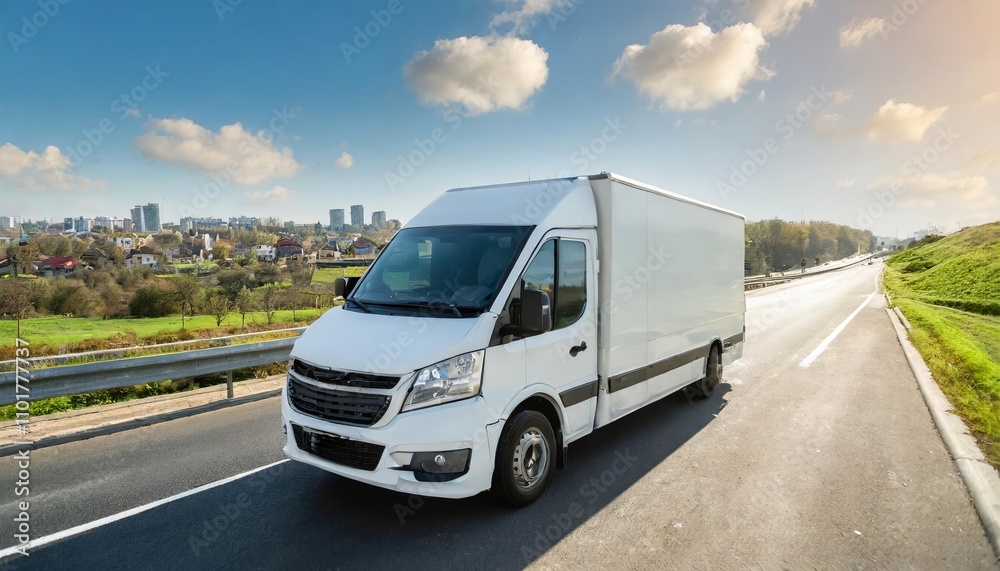 White modern delivery van transporting small shipment cargo swiftly along a busy motorway road heading towards a bustling urban cityscape under clear skies, showcasing efficiency and speed. White modern delivery van transporting small shipment cargo swiftly along a busy motorway road heading towards a bustling urban cityscape under clear skies, showcasing efficiency and speed.