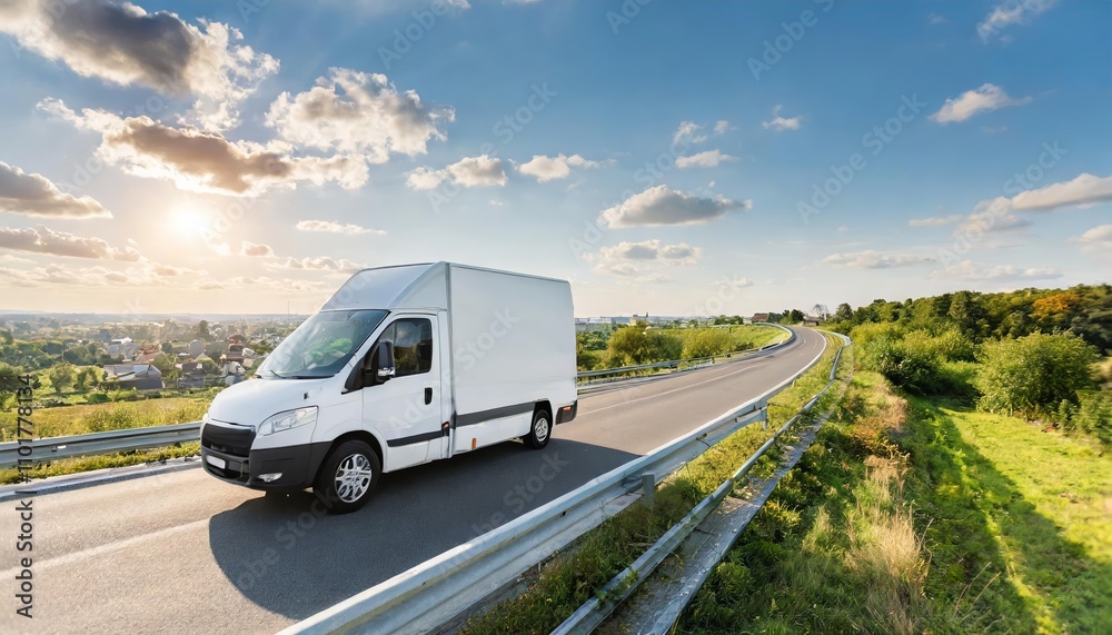 Efficient white modern delivery small shipment cargo courier van speeding along a motorway towards the city, showcasing fast and reliable logistics services in urban and suburban areas. Efficient white modern delivery small shipment cargo courier van speeding along a motorway towards the city, showcasing fast and reliable logistics services in urban and suburban areas.