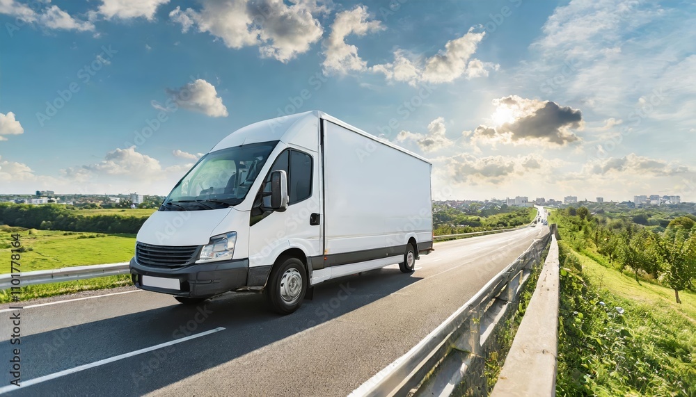 Efficient white delivery van transporting small shipment cargo swiftly along a busy motorway heading toward the city, symbolizing speed, reliability, and modern courier logistics services. Efficient white delivery van transporting small shipment cargo swiftly along a busy motorway heading toward the city, symbolizing speed, reliability, and modern courier logistics services.