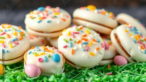 Colorful cookies decorated with sprinkles arranged on a grassy surface for a festive celebration