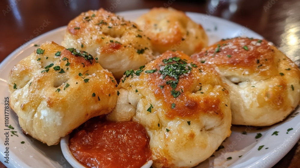 Piping hot garlic knots served with a side of marinara sauce.