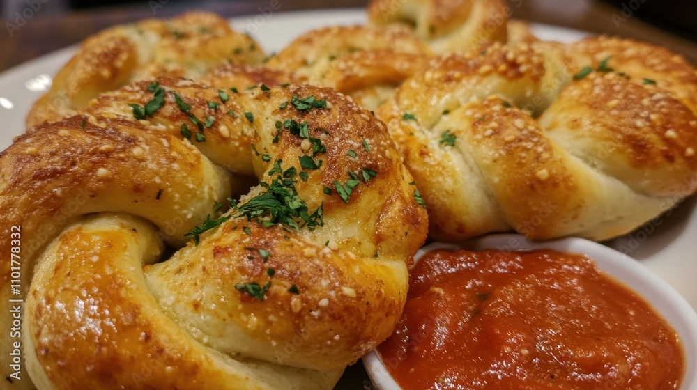 Piping hot garlic knots served with a side of marinara sauce. Piping hot garlic knots served with a side of marinara sauce.