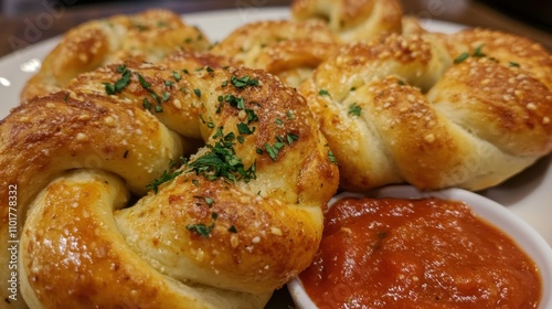 Piping hot garlic knots served with a side of marinara sauce. photo