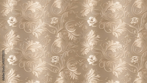 Classic Floral Damask Pattern in Beige with Embossed Effect