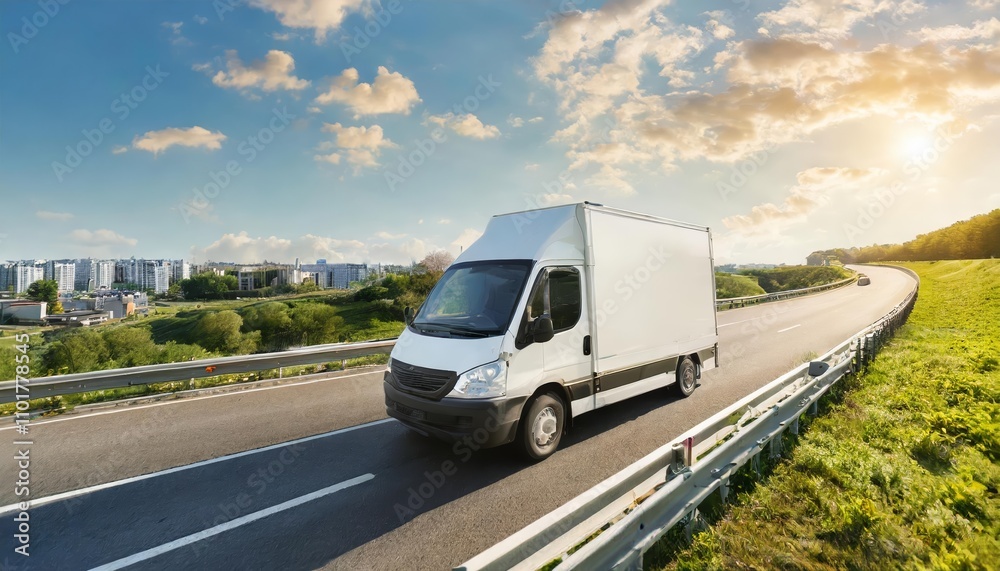 Sleek white modern delivery van rapidly transporting small shipment cargo along a bustling motorway towards the city skyline, showcasing speed and efficiency in urban logistics. Sleek white modern delivery van rapidly transporting small shipment cargo along a bustling motorway towards the city skyline, showcasing speed and efficiency in urban logistics.