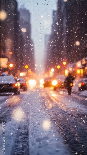 Snowy urban street with car tracks and blurred pedestrians