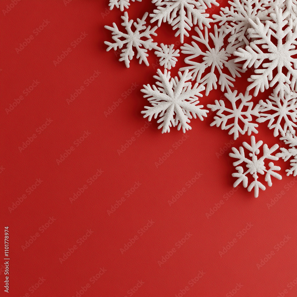 Merry Christmas, Happy New Year. Red background golden white Christmas snowflakes close up