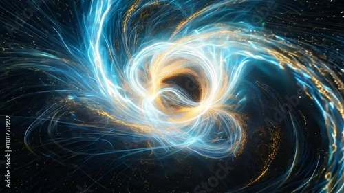 Celestial Vortex: Abstract swirling nebula with blue and gold energy, cosmic swirl, space art, otherworldly, mystical