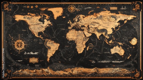 Retro-inspired world map with dark earthy tones, emphasizing global details in an old-fashioned cartographic style.