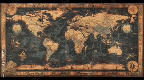 Retro-inspired world map with dark earthy tones, emphasizing global details in an old-fashioned cartographic style. photo