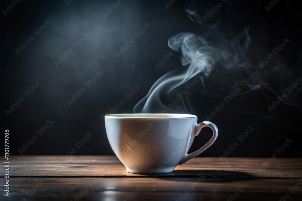 Tilt-Shift Photography of a White Cup with Hot Liquid and Steam on a Black Background for Cozy Beverage Aesthetic and Minimalist Style Tilt-Shift Photography of a White Cup with Hot Liquid and Steam on a Black Background for Cozy Beverage Aesthetic and Minimalist Style